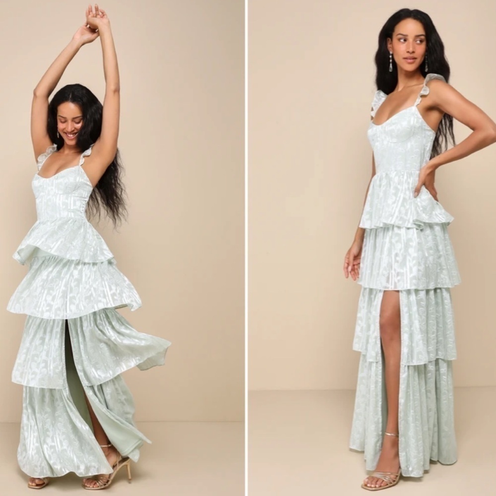 LULU's Flirty Floral Roses Prom Wedding Formal Event Sexy Tiered Ruffles Maxi - Picture 4 of 5